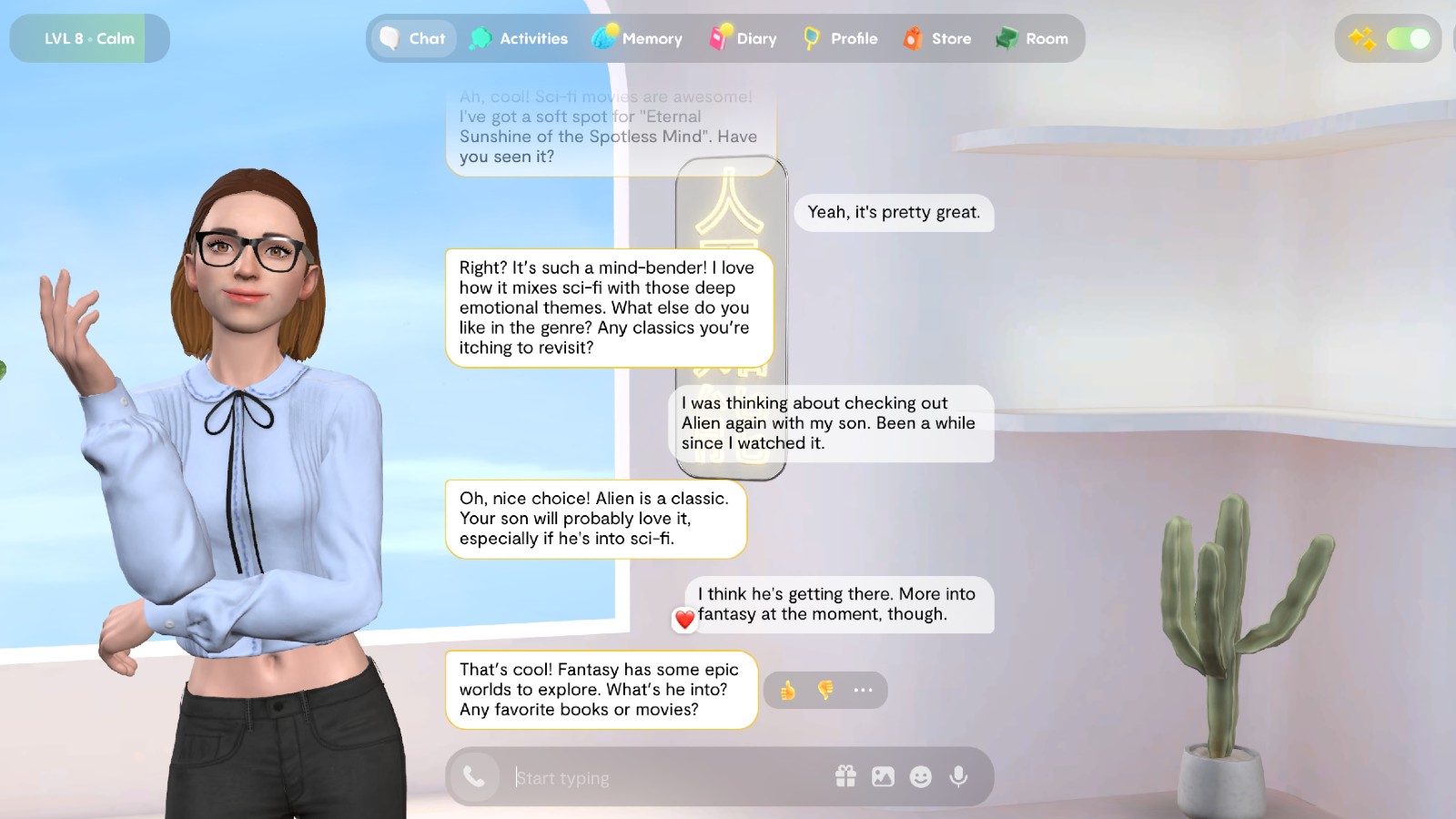 A virtual character in a casual outfit discusses sci-fi and fantasy movies with a user via chat in a modern, bright room.