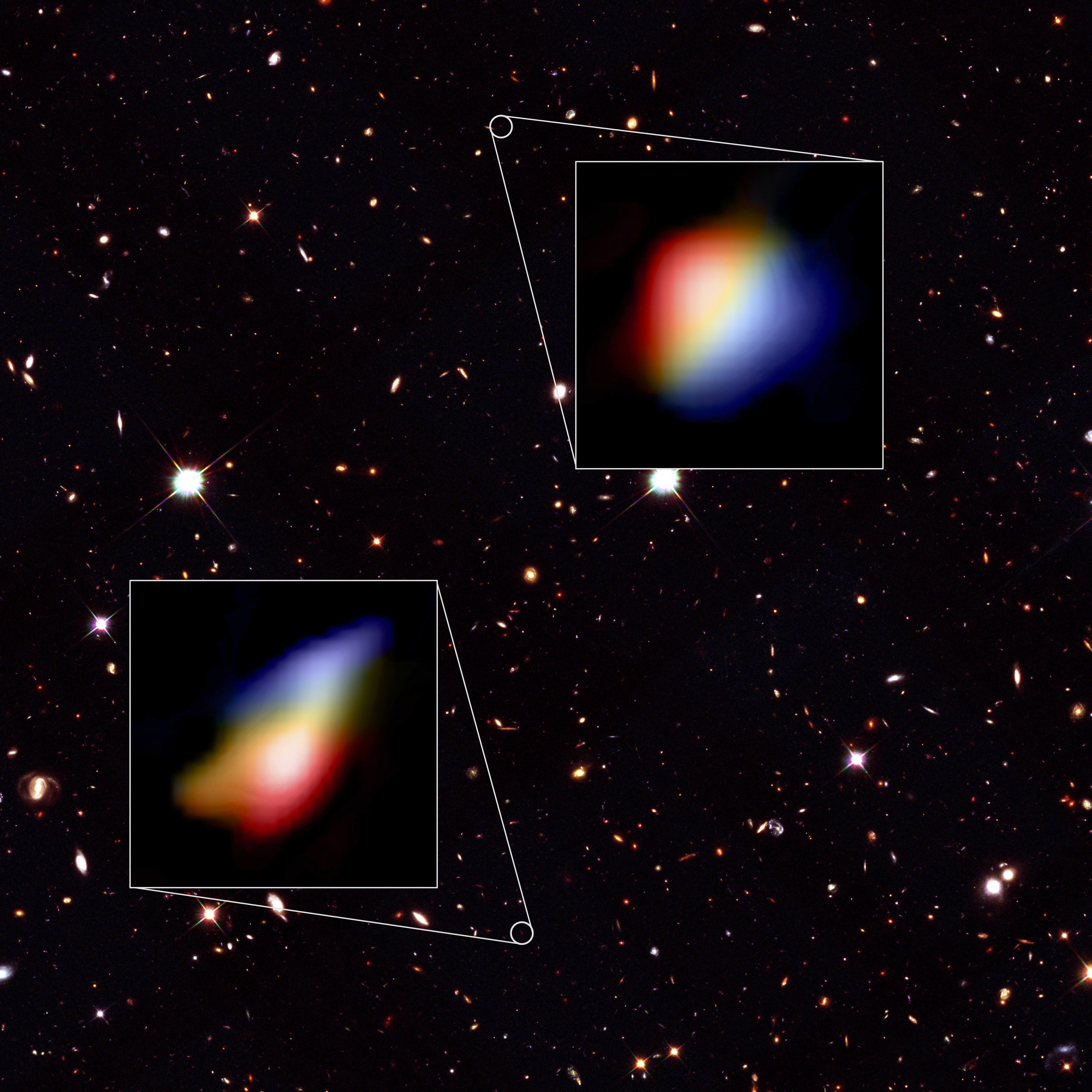 Blurry images of distant galaxies highlighted against a starry black background, showing a range of colors as the youngest stars in the Milky Way rotate gracefully.