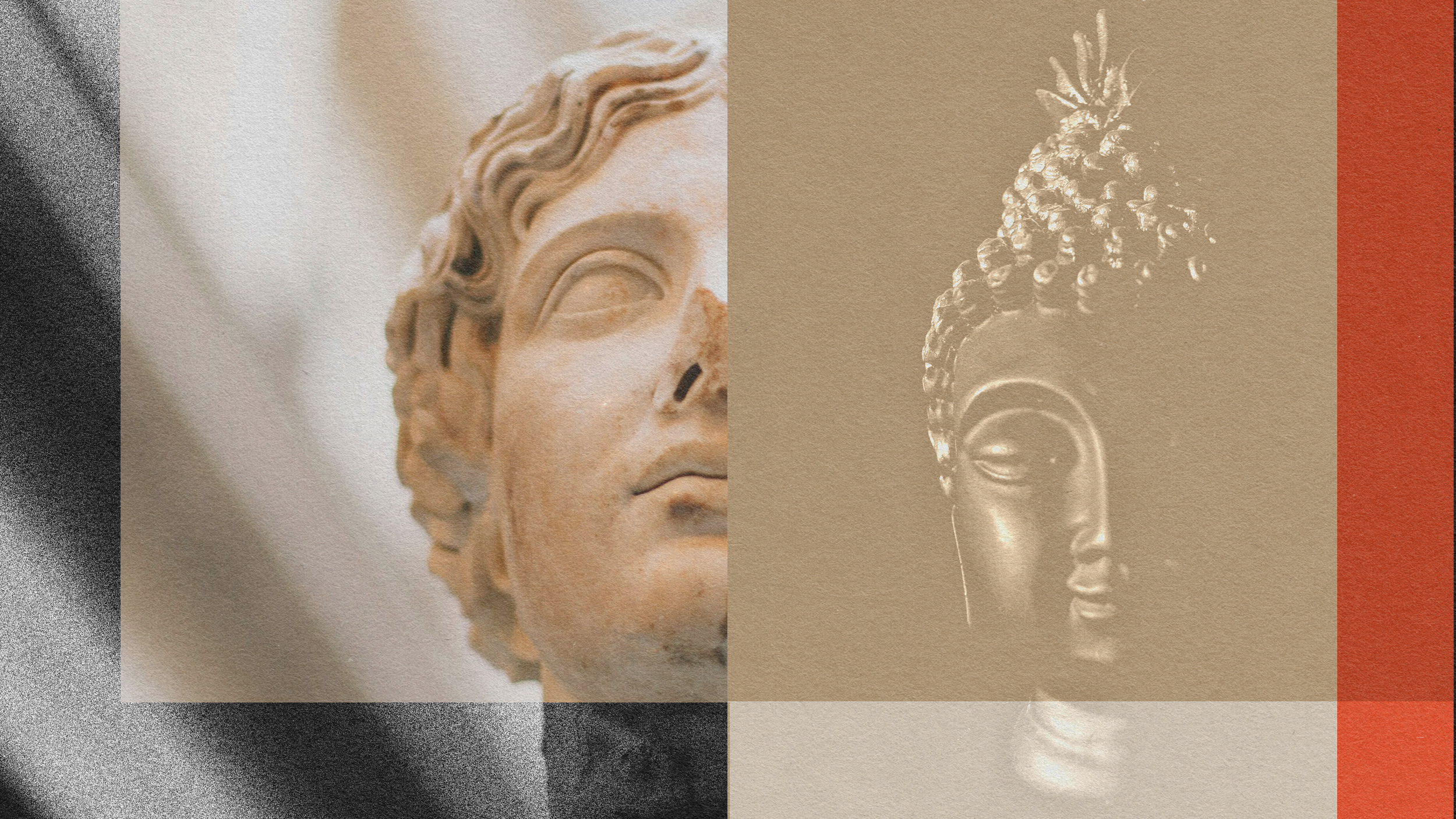 A composite image featuring a classical Greco-Roman statue embodying stoicism on the left and a Buddha statue symbolizing Buddhism on the right, overlaid with beige, red, and gray geometric patterns.