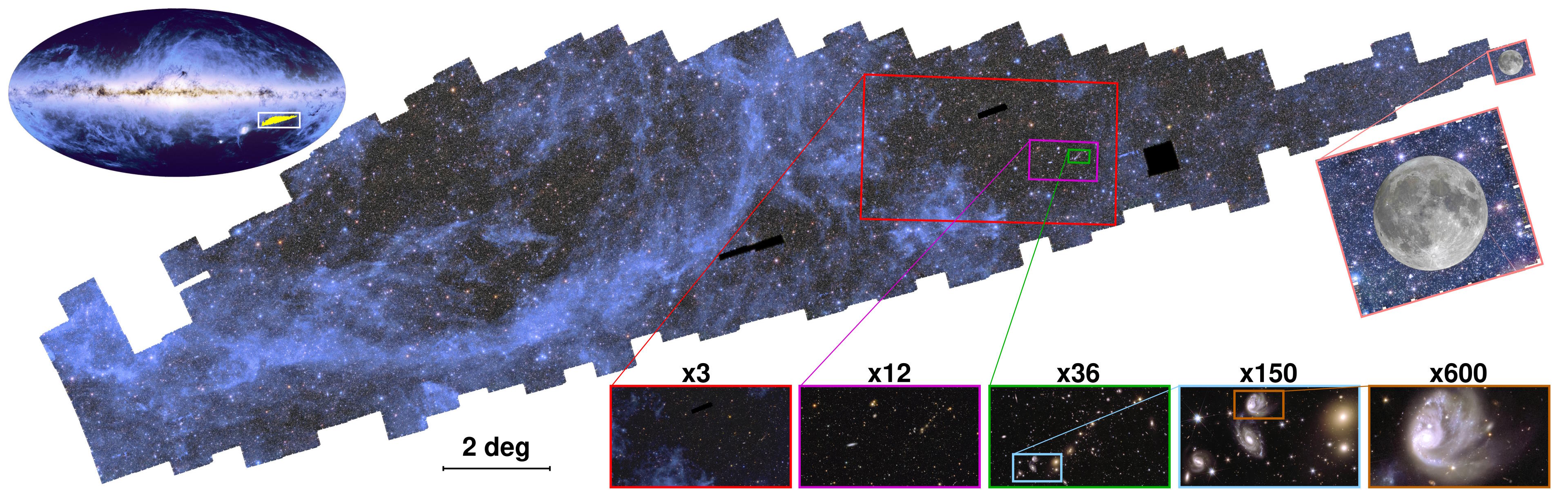 A wide-scale astronomical image narrates a cosmic story, showcasing the Milky Way with various magnified sections, illustrating increasing levels of detail and including the moon for scale comparison, reminiscent of insights from the Euclid mission.