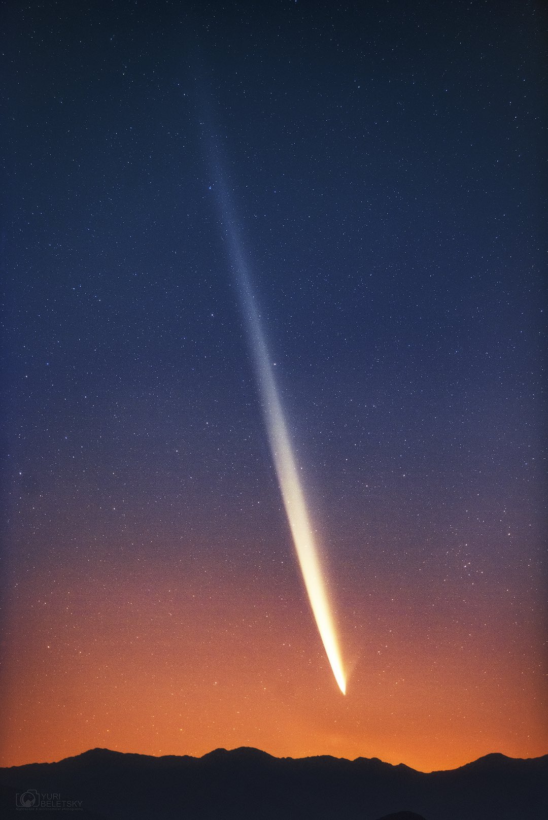 A bright comet with a long tail streaks across the starry night sky above a dark mountain range at twilight.