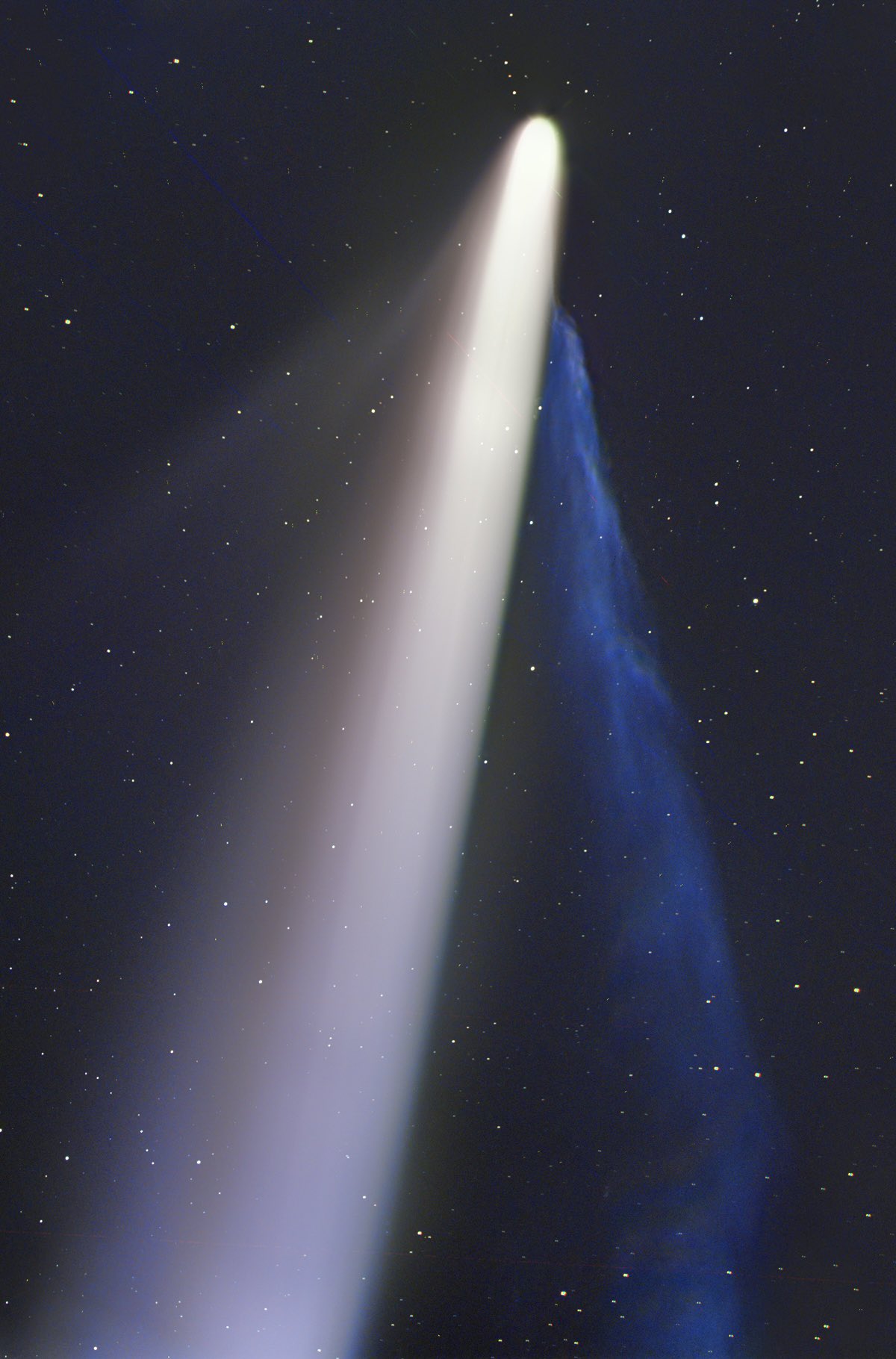 A bright comet with dual tails, one white and the other blue, streaks across a star-filled night sky.