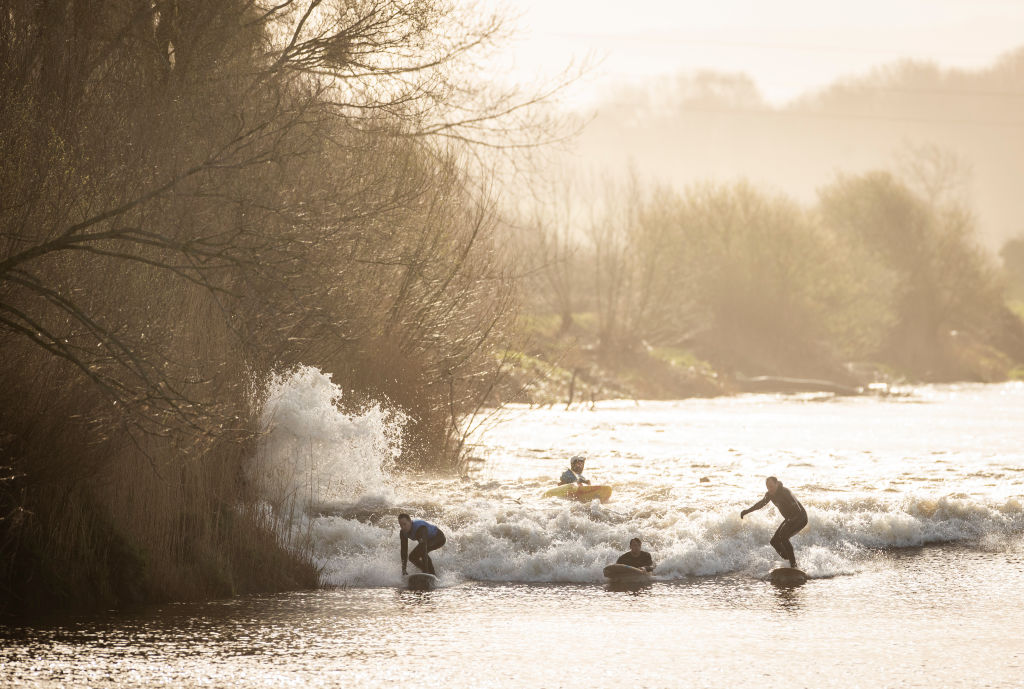 Surfers and kayakers ride a river wave near trees on a misty day.