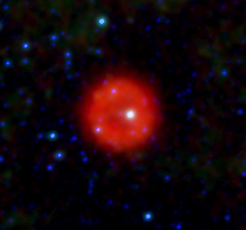 A bright red celestial object, possibly a mysterious supernova, is surrounded by smaller blue stars against a dark background.