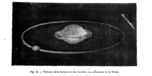 Illustration showing a planet with rings and a small orbiting body. Text below reads, "Théorie de la formation des mondes. La naissance de la Terre.