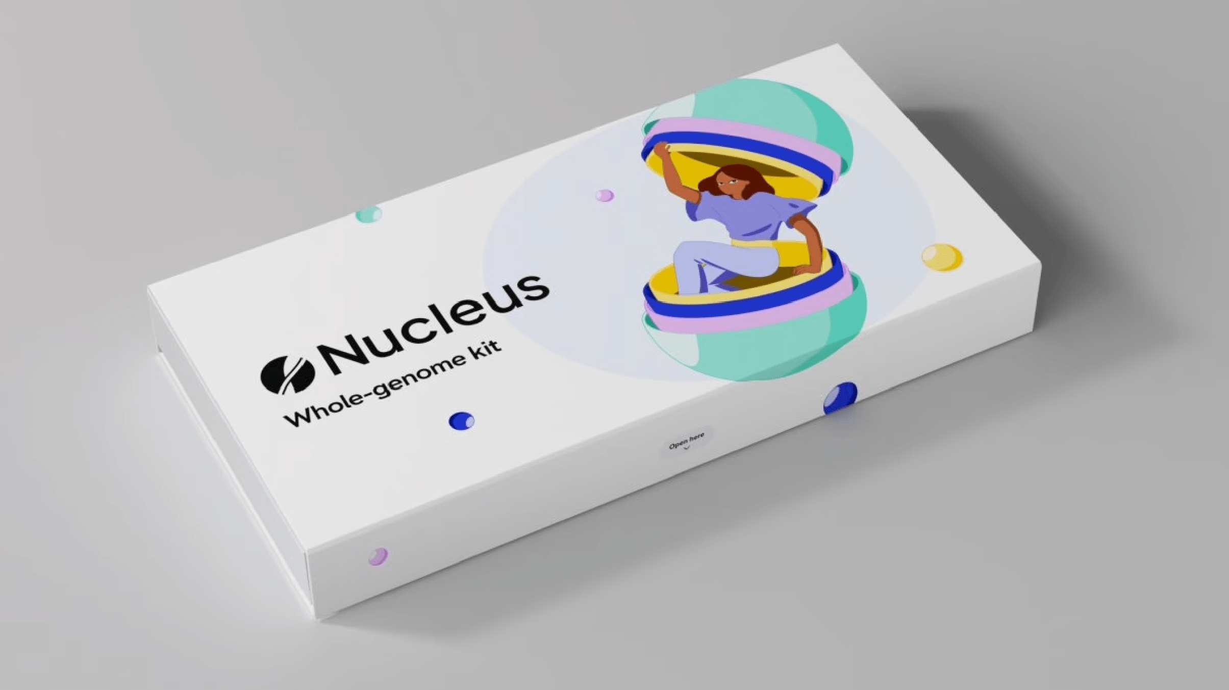 A white box labeled "Nucleus Whole-genome kit" with an illustration of a person inside a stylized DNA helix.