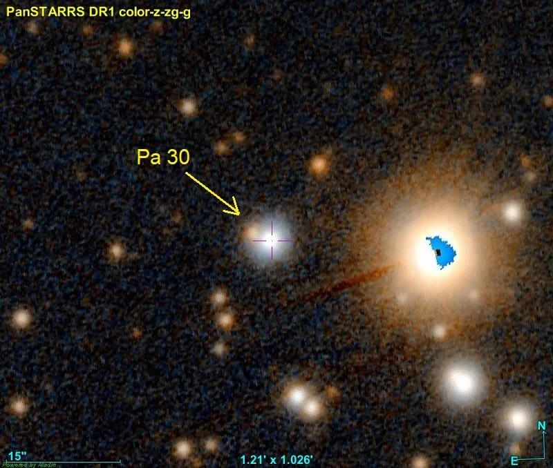 Annotated image of a star field shows "Pa 30" with an arrow pointing to a celestial object, possibly linked to a mystery supernova. Other stars and a bright, bizarre object are also visible.