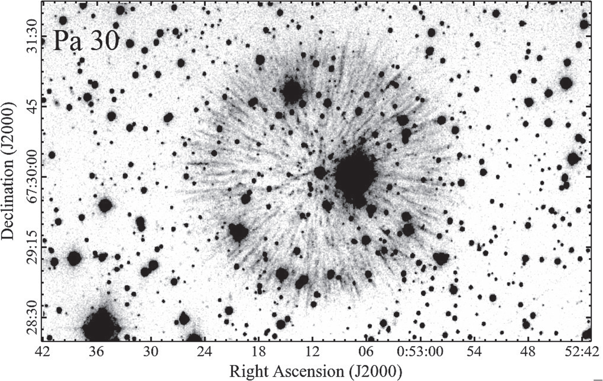 Grayscale star map depicting PA 30 with numerous stars and a central dark cluster, featuring radiating, filament-like structures reminiscent of a bizarre supernova. Coordinates are marked along the axes, enhancing the sense of cosmic mystery.