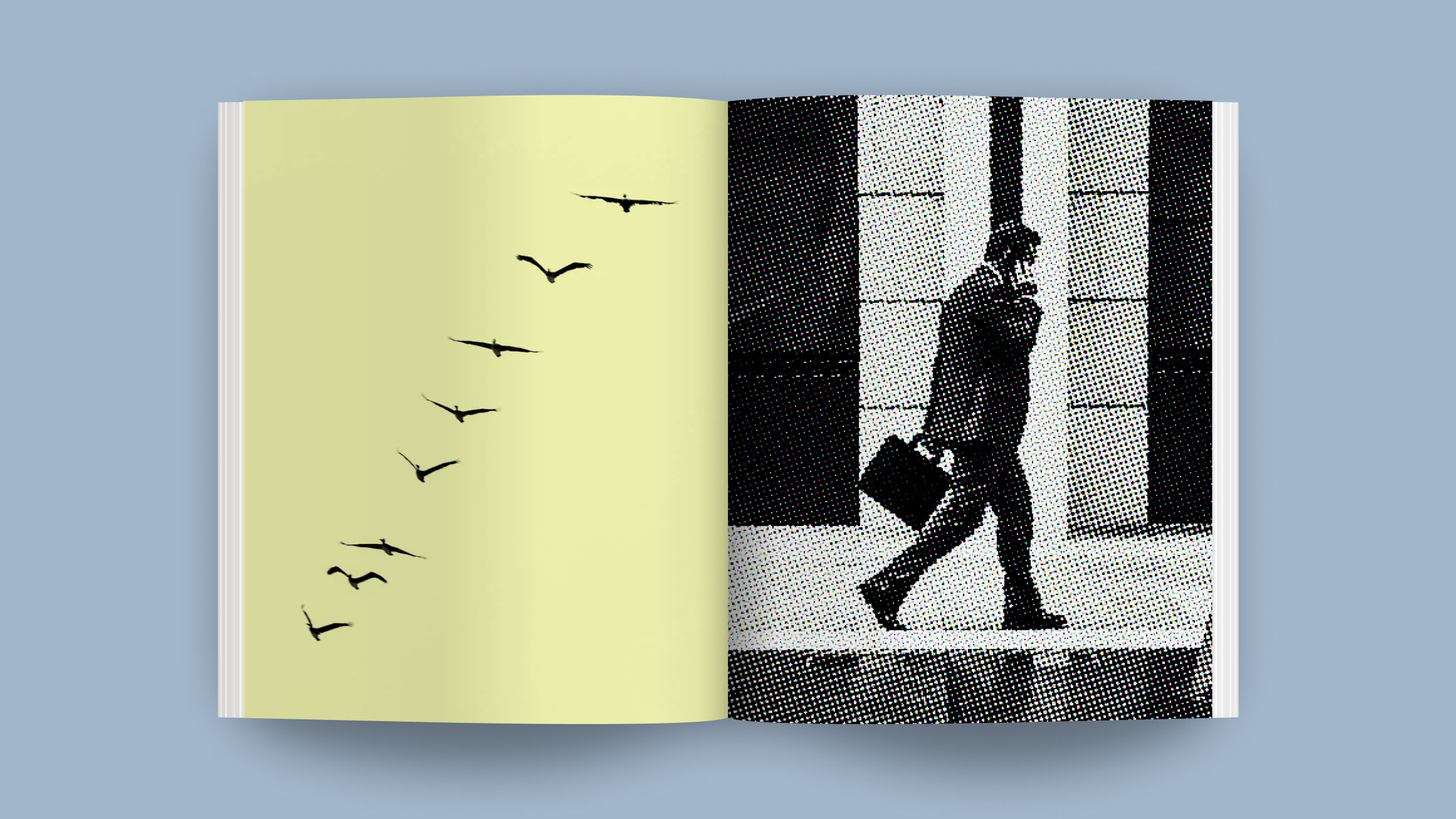 An open book displays great leaders, with a man walking with a briefcase on the right page and silhouettes of birds flying on the left page.