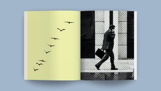 An open book displays great leaders, with a man walking with a briefcase on the right page and silhouettes of birds flying on the left page.