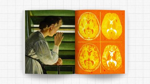 A book spread showing a painting of a person, eyes filled with curiosity, looking outside on the left and four brain scan images on the right, overlaid on an orange background.