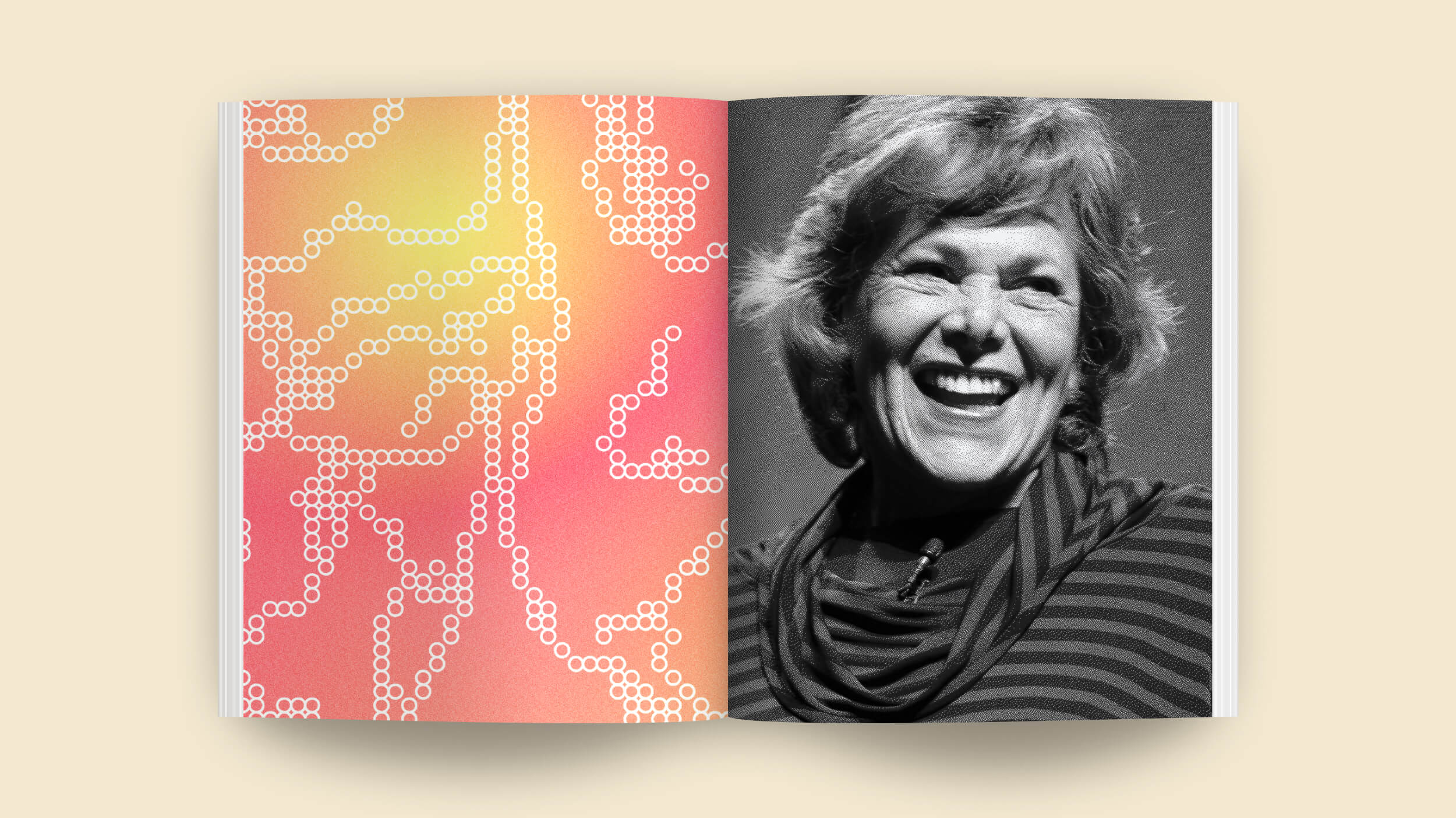 Open book with an abstract pattern on the left page and a black-and-white photo of a smiling woman on the right, reflecting themes of digital wellbeing through its serene and balanced design.