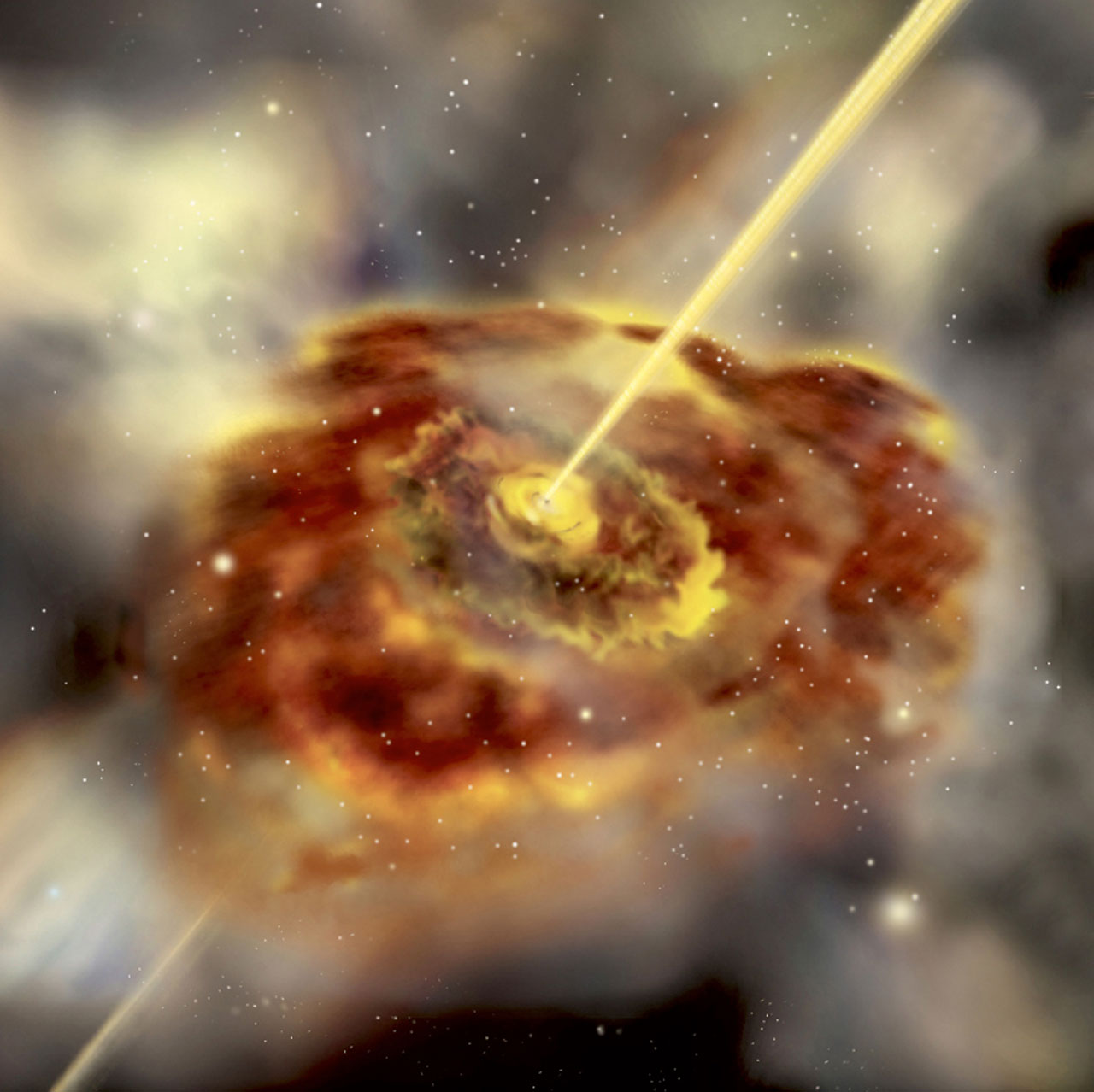 Illustration of a supermassive black hole with jets of energy emitting from its poles, surrounded by a swirling cloud of gas and dust in space, with more light stars scattered around, reminiscent of the chaotic aftermath of the big bang.