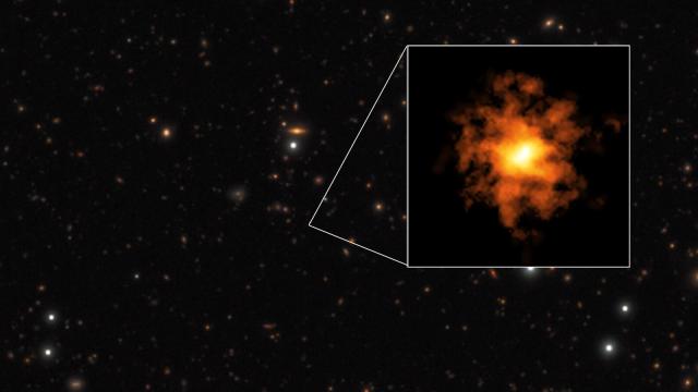 A starry sky with a magnified view highlights an orange, cloud-like structure representing one of the youngest astronomical objects in the Milky Way, shimmering as it subtly rotates.