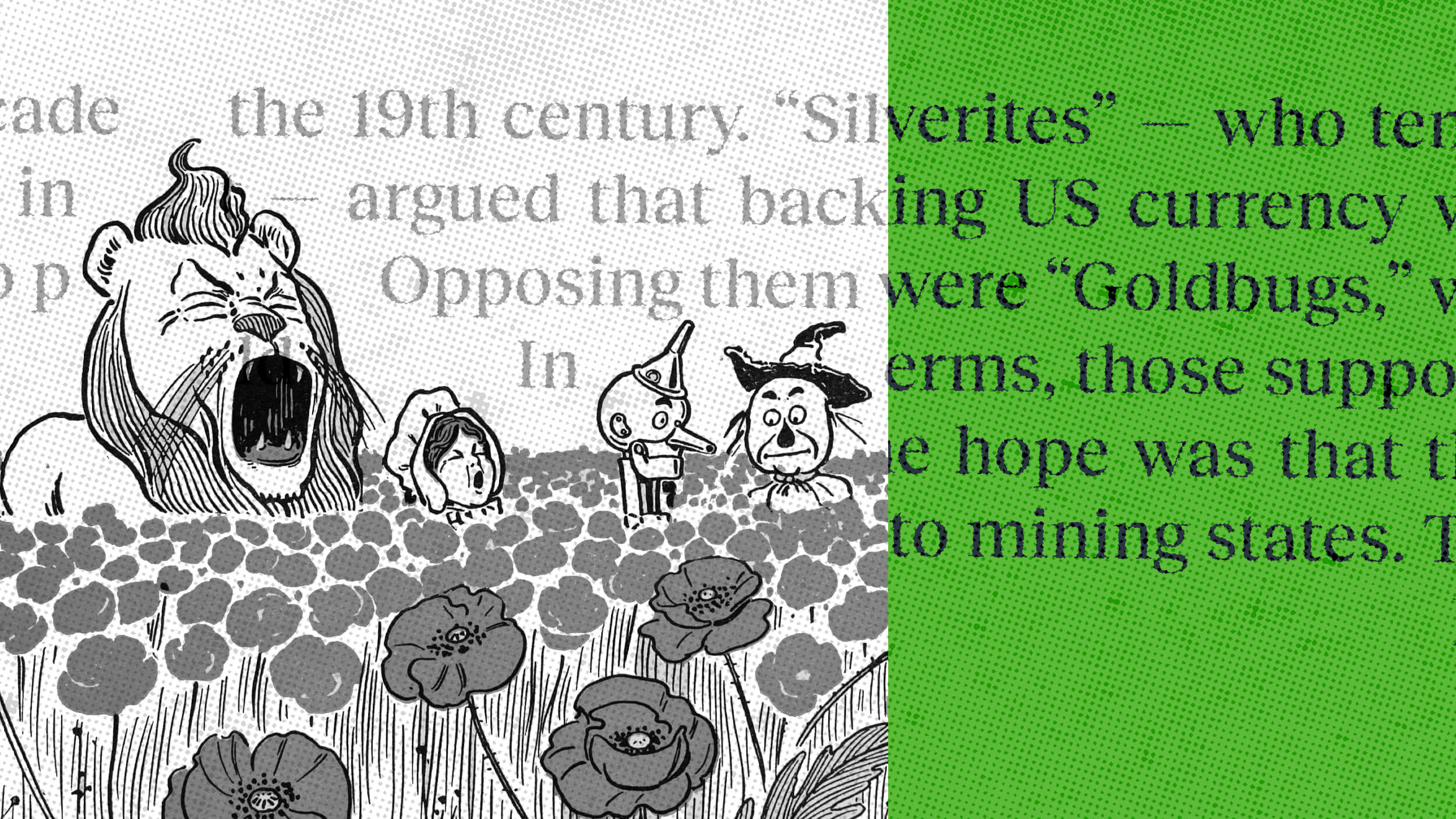 In a black and white illustration, four cartoon characters stand among poppies, set against a fantasy world backdrop. Overlaid text delves into the 19th-century currency debate, highlighting the clash between "Silverites" and "Goldbugs," merging historical intrigue with imaginative charm.