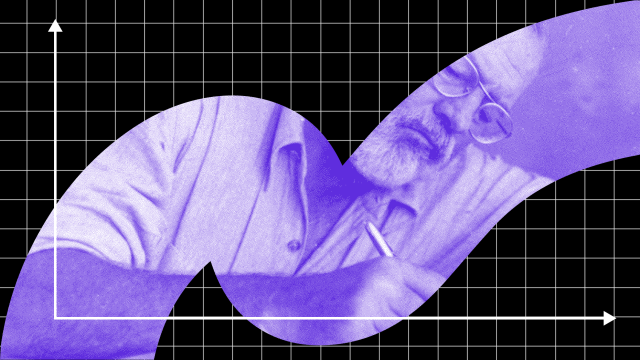 An older man with glasses writes on paper, superimposed on a graph with a wavy purple line on a black grid background, evoking the Hemingway effect.