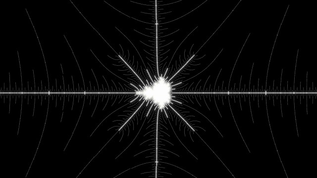 Fractal pattern with a bright white center and symmetrical, radiating lines on a black background, resembling an intricate dance of math and physics.