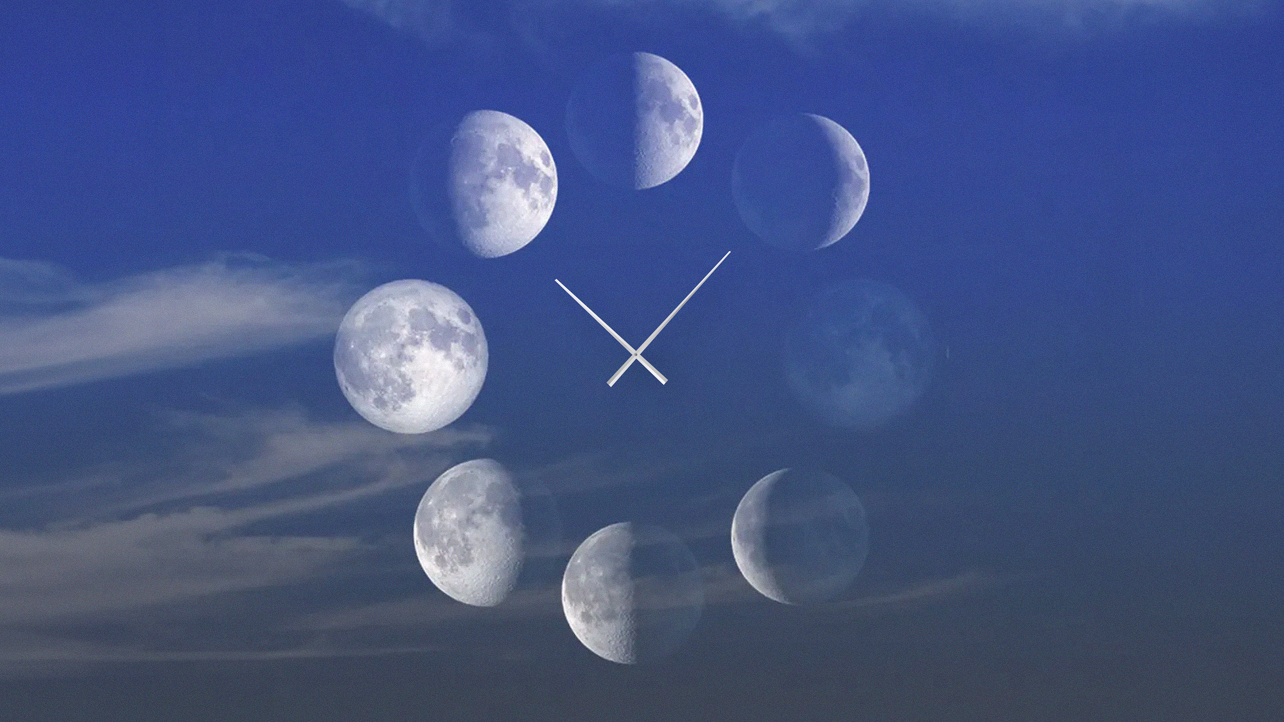 A clock face with moon phases as numbers, set against a blue sky with scattered clouds, creates a whimsical portrayal of lunar time.