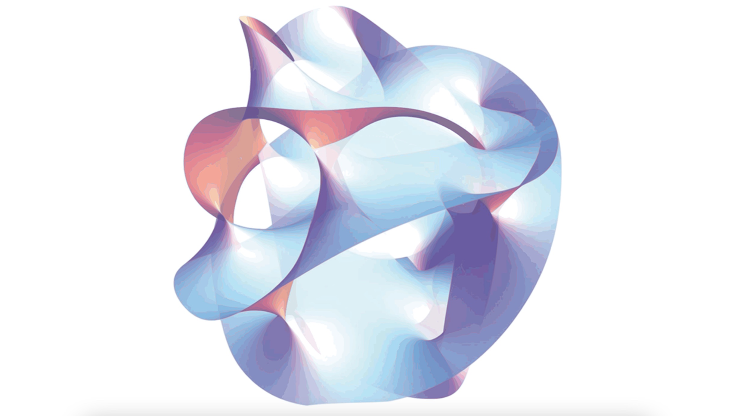 Abstract 3D shape with curved, intertwined surfaces in shades of blue, purple, and pink on a white background.