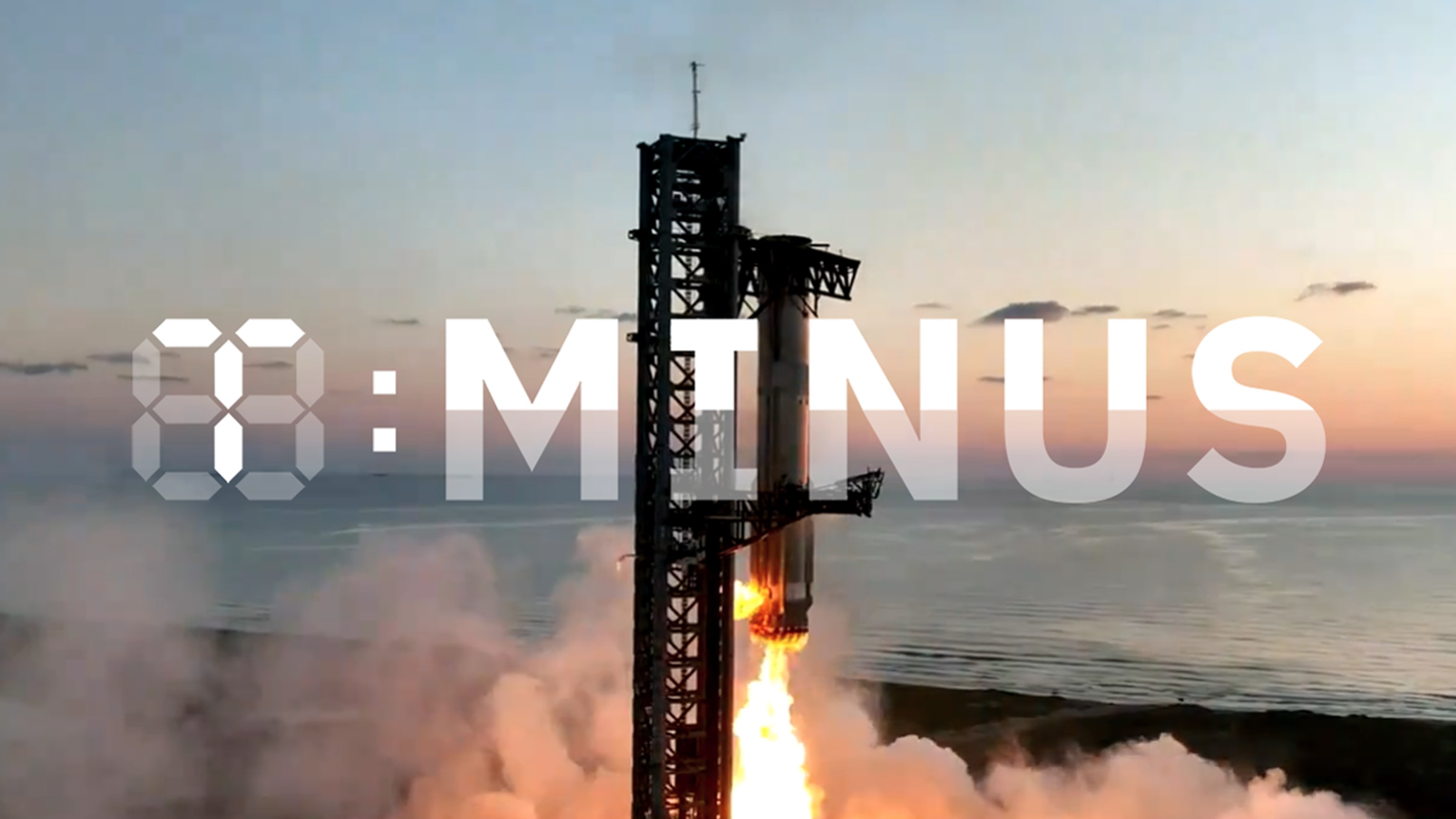 A rocket launches into the sky against a sunset backdrop, with "T-MINUS" text overlay in bold letters.