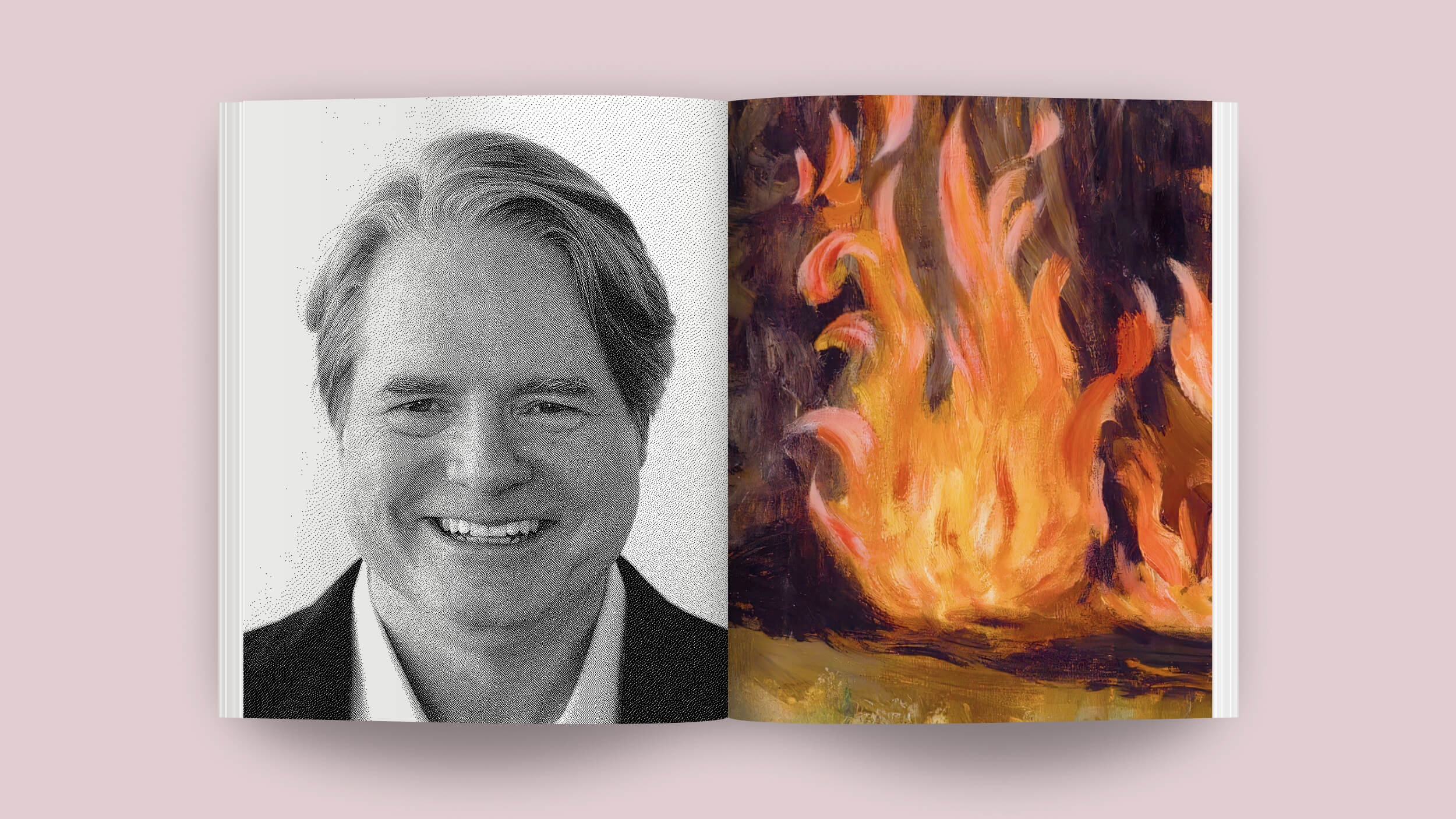 The open book reveals a black and white photo of a smiling person on the left page, capturing a moment of joy. On the right page, vibrant flames burst forth in a colorful painting, igniting the canvas with instinctive energy.