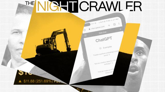 Collage featuring an excavator, the ChatGPT interface, financial figures, and text that reads "The Nightcrawler," all woven into abstract design elements that subtly hint at playing the long game.