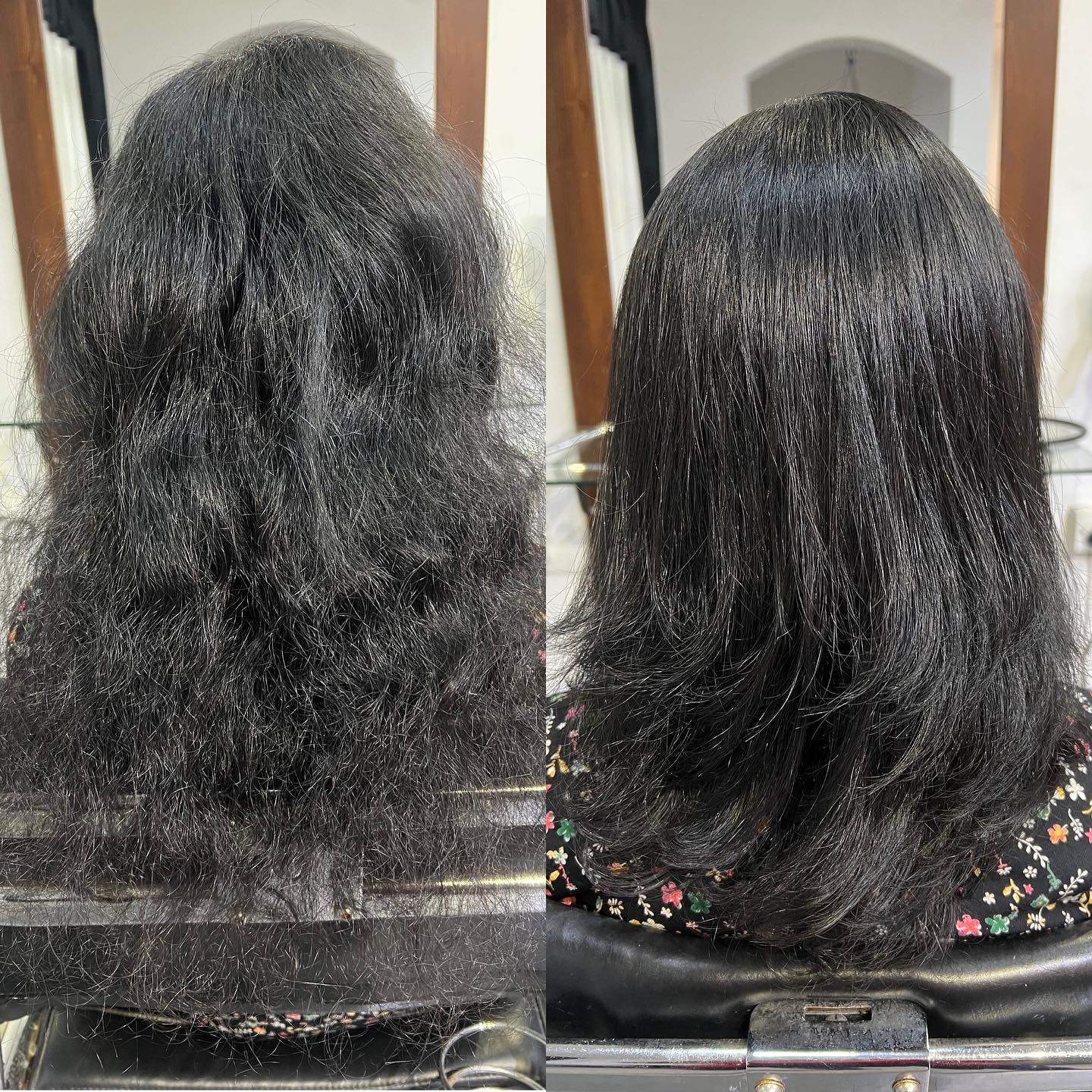 Before and after hair treatment: left side shows frizzy, voluminous hair; right side shows smooth, sleek hair with added shine.