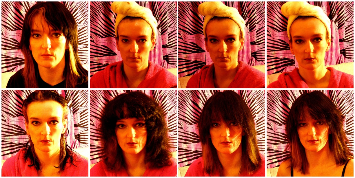 Collage of a person with different hairstyles against a vibrant patterned background.