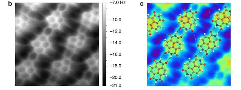 Microscopic image of a honeycomb structure on the left and a colored molecular diagram on the right.