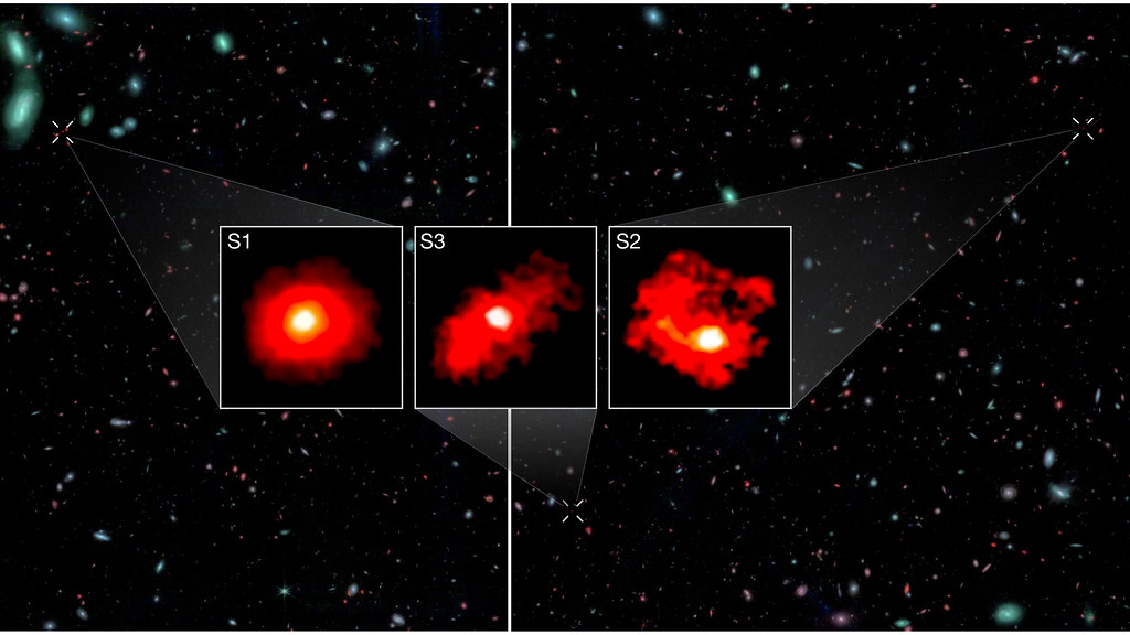 Image of a galaxy cluster with three insets showing enhanced views of individual galaxies labeled S1, S2, and S3, each appearing as bright red blobs against a starry background.