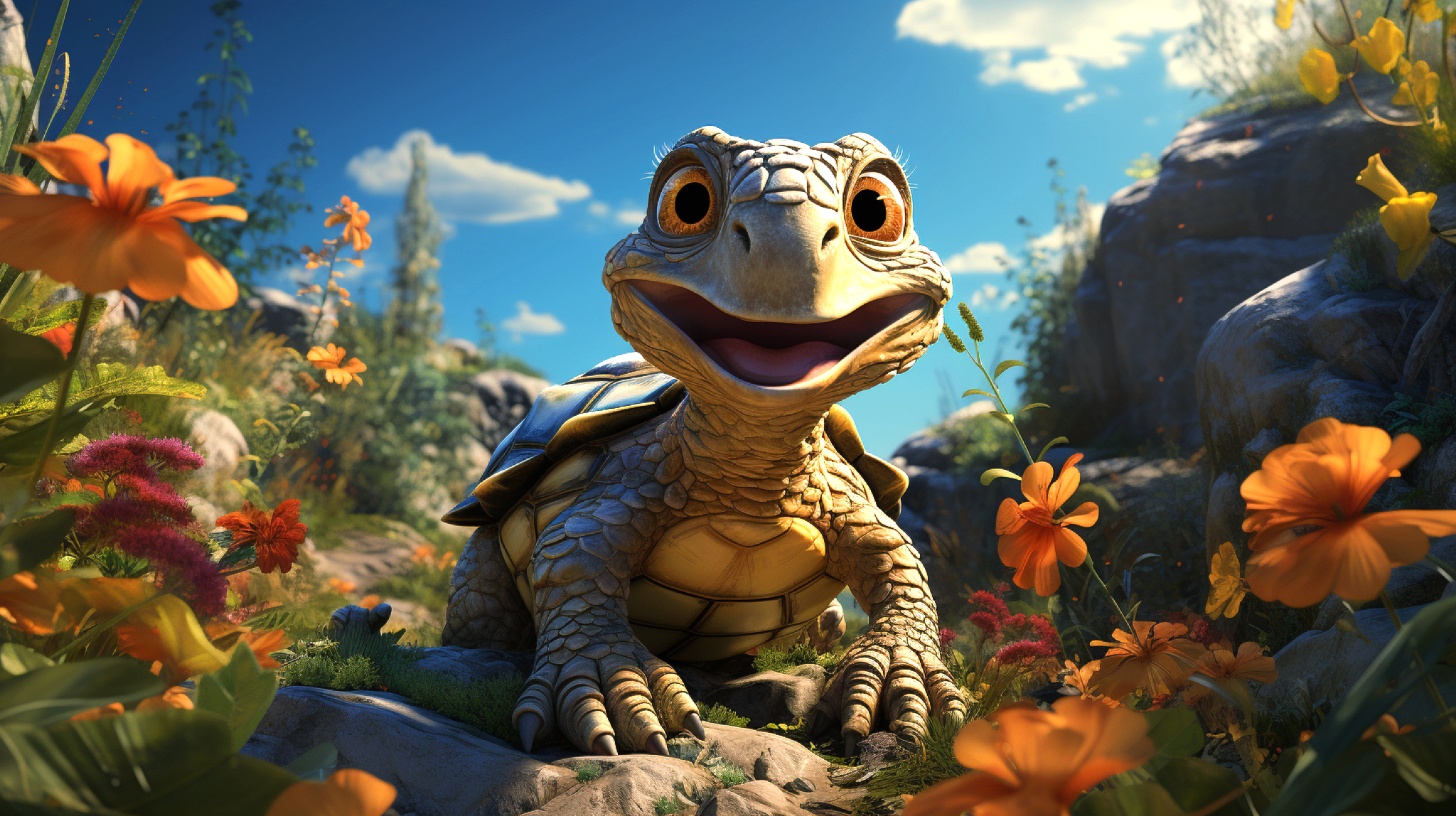 A smiling animated turtle sits among orange flowers and rocks under a blue sky.