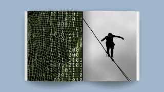 An open book reveals binary code on the left page, symbolizing AI's complexity, while a silhouette of a person balancing on a tightrope graces the right, bridging precision and creativity in harmony.