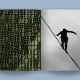 An open book reveals binary code on the left page, symbolizing AI's complexity, while a silhouette of a person balancing on a tightrope graces the right, bridging precision and creativity in harmony.