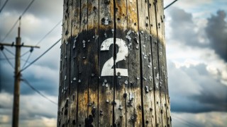 Close-up of a weathered wooden utility pole, marked with the number "2," standing resolute against cloudy skies—a testament to the enduring habits of nature and time.