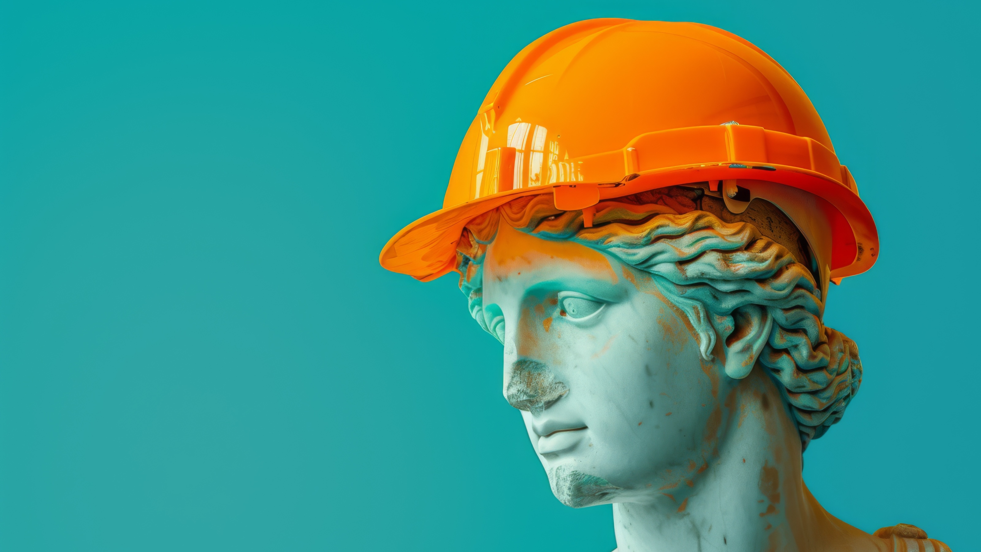 A classical marble statue's head embodies Roman resilience, adorned with an orange construction helmet against a teal background.