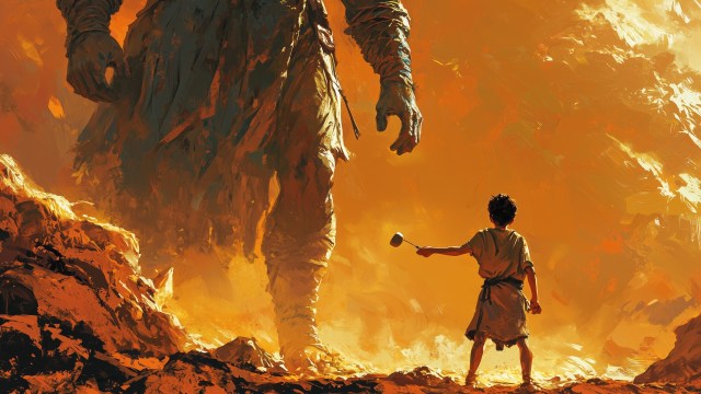 A child stands defiantly holding a stone in front of a giant figure amidst a fiery landscape, embodying the spirit of the long game.