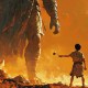 A child stands defiantly holding a stone in front of a giant figure amidst a fiery landscape, embodying the spirit of the long game.