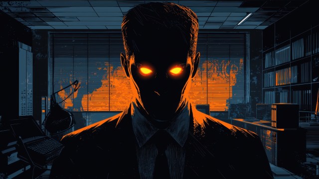 A silhouette of a person with glowing orange eyes against a brightly lit office window exudes an aura of power, casting dramatic shadows that heighten the room's awareness.