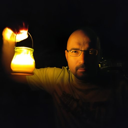 A person holding a glowing lantern in the dark, partially illuminating their face.