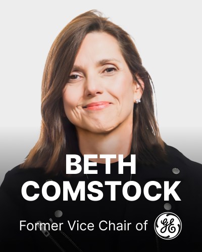 A person with shoulder-length brown hair is smiling slightly. Text reads "Beth Comstock, Former Vice Chair of GE.