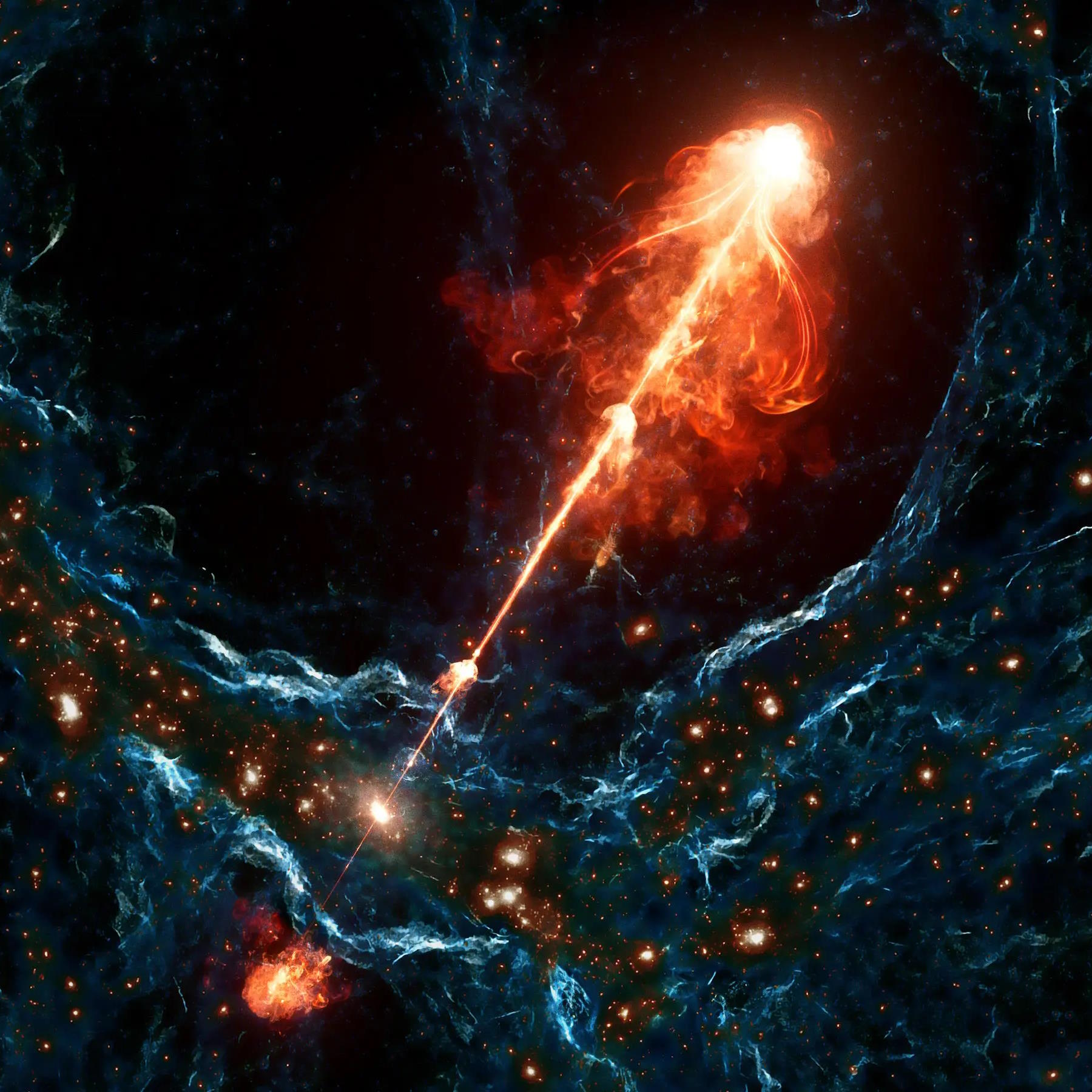 Bright cosmic explosion with flames and smoke surrounded by stars against a dark, starry background.