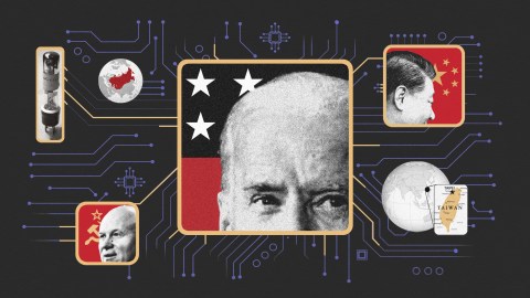 Collage of geopolitical symbols, featuring a close-up of a man's bald head, China's flag, a globe highlighting Taiwan, and circuit patterns.