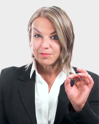 A woman in a black blazer and white shirt makes an "okay" gesture with her right hand, looking directly at the camera.