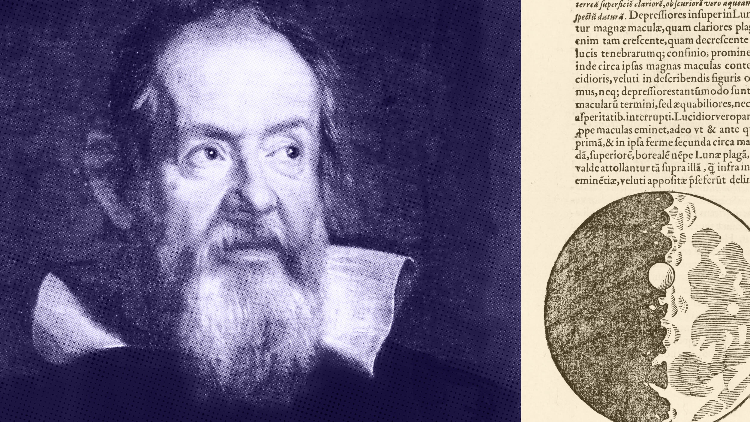 An illustration of Galileo Galilei with a historical text and a lunar sketch alongside.