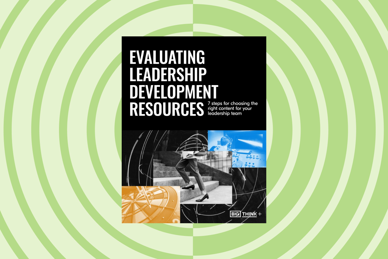 Cover of a guide titled "Evaluating Leadership Development Resources" with abstract images and geometric patterns on a green circular background.