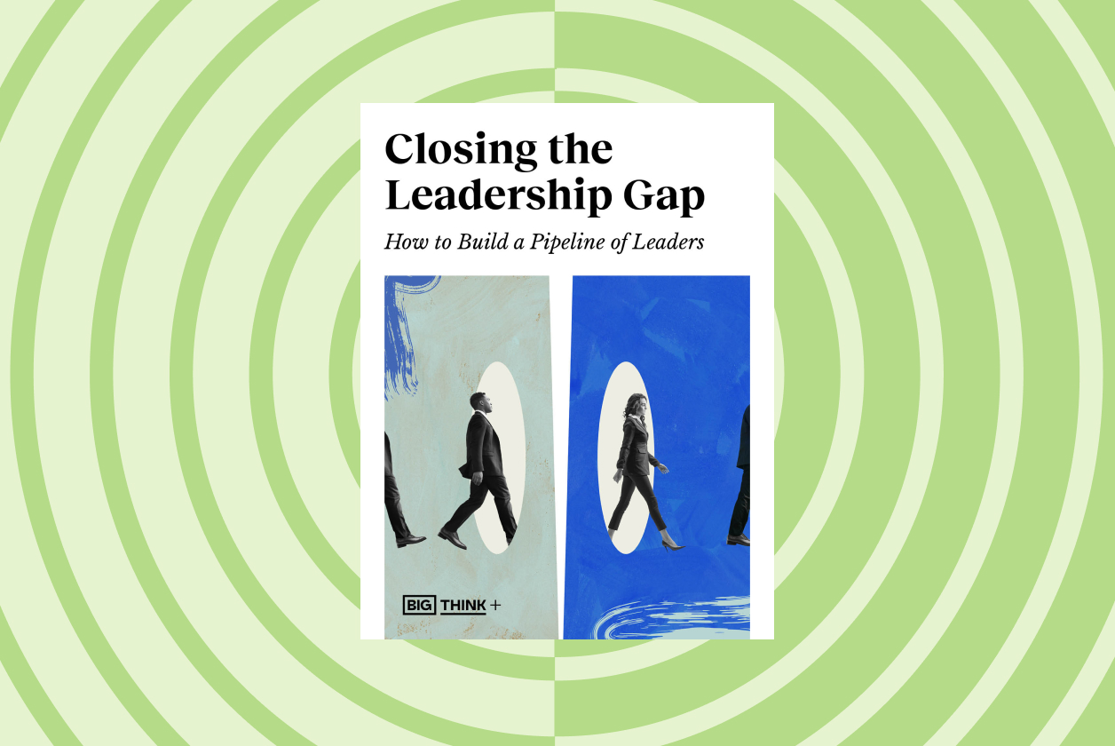 Book cover titled "Closing the Leadership Gap: How to Build a Pipeline of Leaders" featuring silhouettes of people walking against abstract backgrounds.