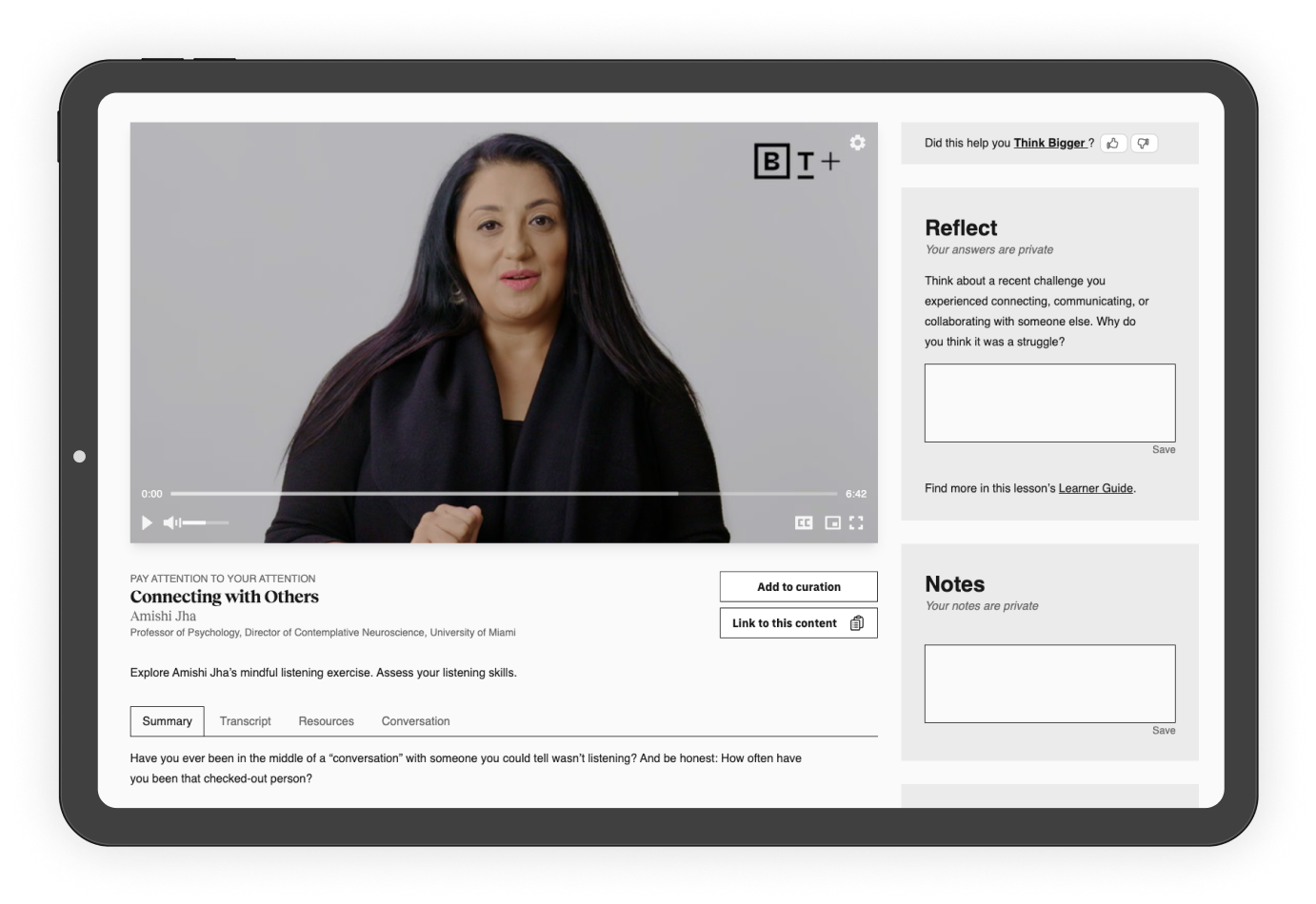 A woman in a black coat speaks in a video titled "Connecting with Others" on a webpage. The page includes sections for reflection, notes, and lesson details.