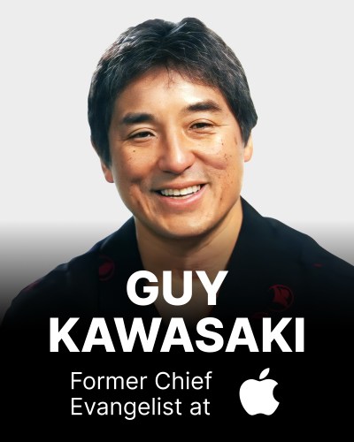 Portrait of a smiling person with text: "Guy Kawasaki, Former Chief Evangelist at Apple," followed by the Apple logo.