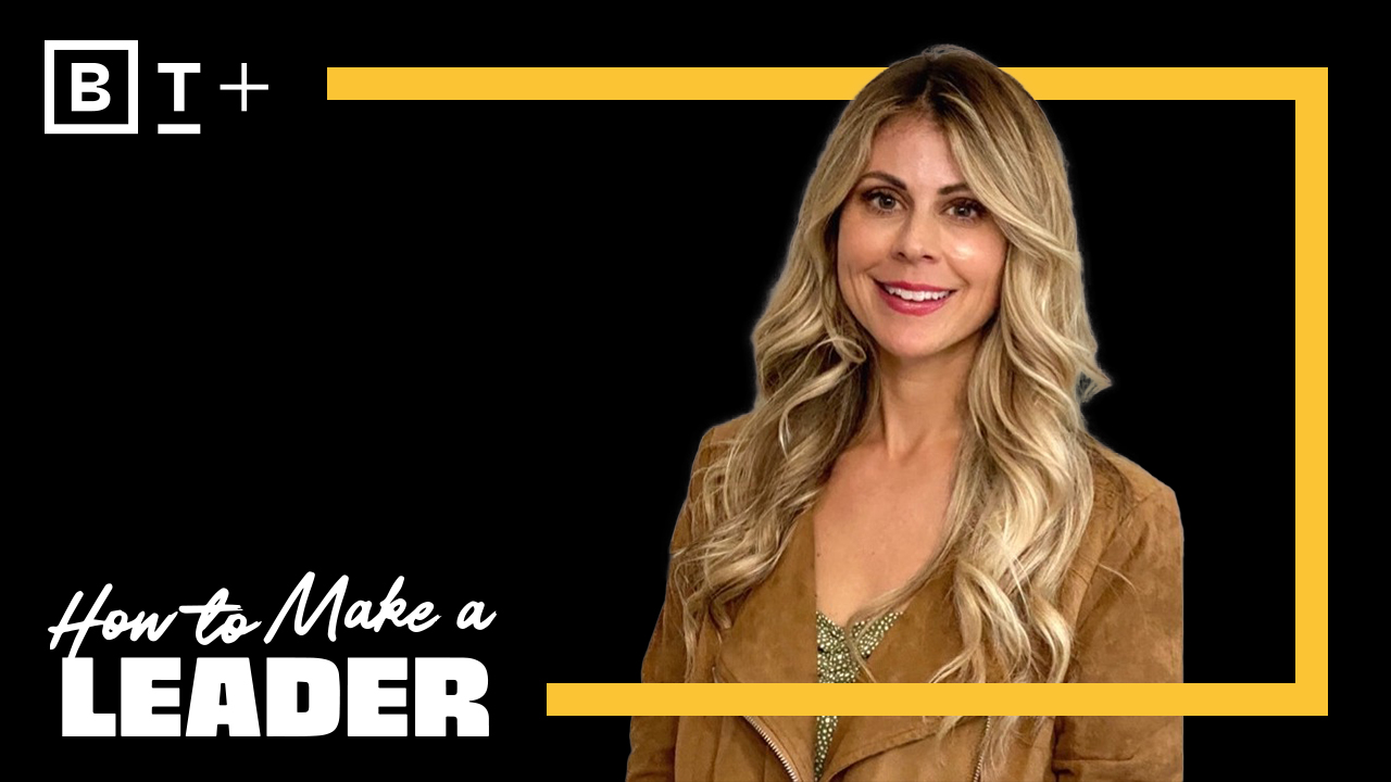 Woman with long blond hair wearing a brown jacket on a black background with text that reads "How to Make a Leader.