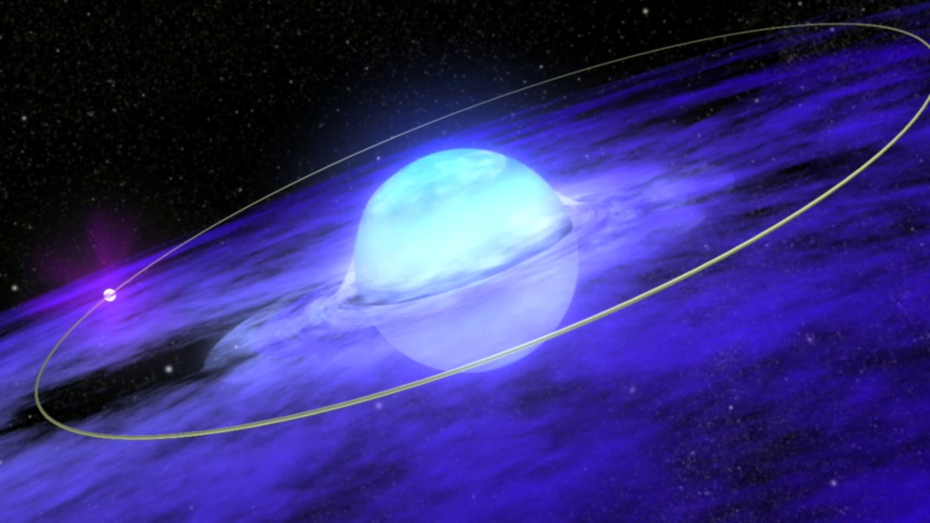 A glowing blue planet with rings on a purple and black cosmic backdrop, intersected by a thin yellow line, lies next to its shimmering star companion.